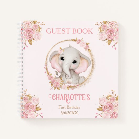 エレファントピンクフローラ1stバースデーネームゲストブック ノートブック (正面)