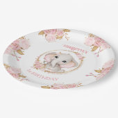 エレファントピンクホワイトフローラバラ1st Birthday ペーパープレート (アングル)