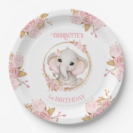 エレファントピンクホワイトフローラバラ1st Birthday ペーパープレート (正面)