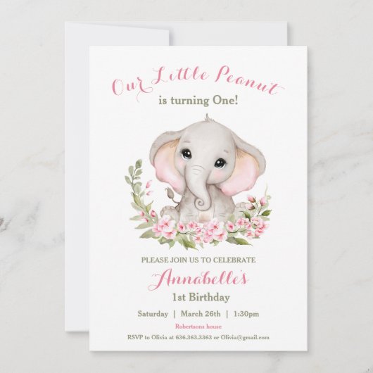 エレファントピンク春1stバースデーガール招待状 招待状 (正面)