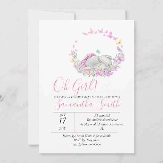 エレファントピンク蝶ベビーシャワー招待状 招待状 (正面)