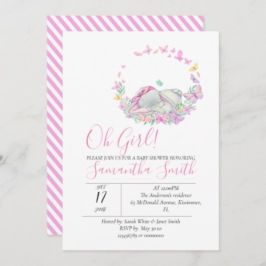 エレファントピンク蝶ベビーシャワー招待状 招待状 (正面/裏面)