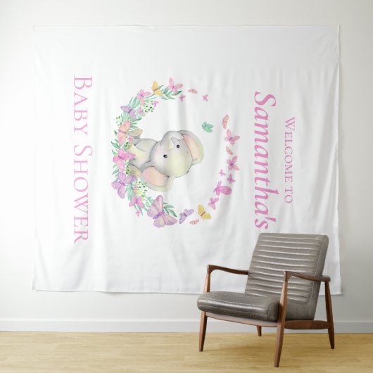 エレファントピンク蝶ベビーシャワー背景 タペストリー (インサイチュ(横))