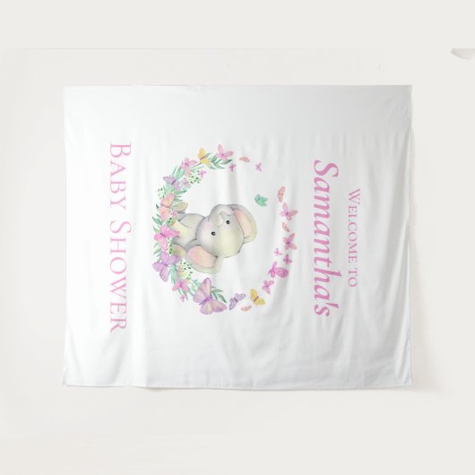 エレファントピンク蝶ベビーシャワー背景 タペストリー (正面(横))