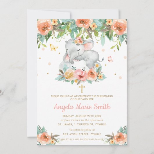 エレファントピーチピンクフローラ洗礼《キリスト教》洗礼式や命名式 招待状 (正面)