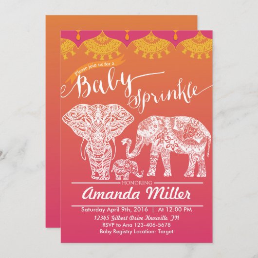 エレファントファミリーベビー散水 – インディアンインスピレーション 招待状 (正面/裏面)
