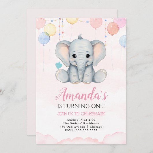 エレファントファースト誕生日ガール招待状 招待状 (正面/裏面)