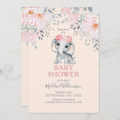エレファントフローラピンクガールベビーシャワー 招待状 (正面/裏面)