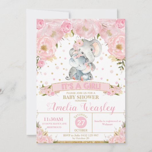 エレファントフローラベビーシャワー招待状ガール 招待状 (正面)