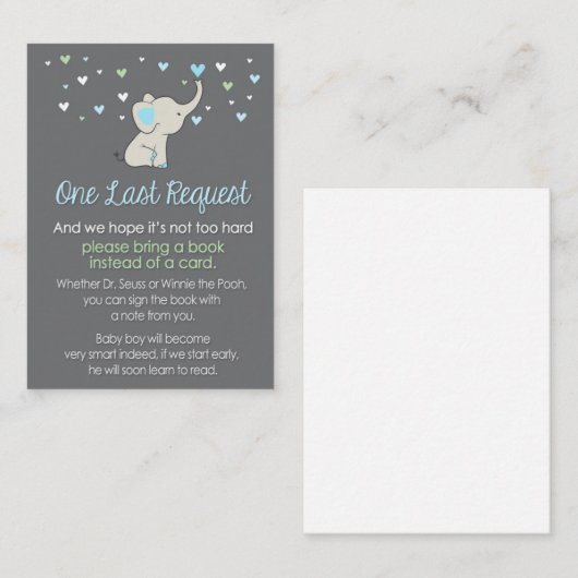エレファントブックリクエストカード、エレファントベビーシャワー エンクロージャーカード (正面/裏面)