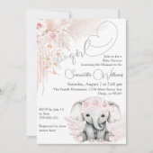 エレファントブラッシュピンクフラワーボホベイビーシャワー 招待状 (正面)