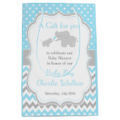 エレファントブルーとグレーの赤ちゃんシャワーありがとう ミディアムペーパーバッグ (正面)