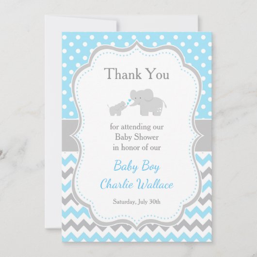 エレファントブルーとグレーの赤ちゃんシャワー サンキューカード (正面)
