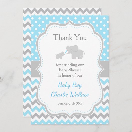 エレファントブルーとグレーの赤ちゃんシャワー サンキューカード (正面/裏面)