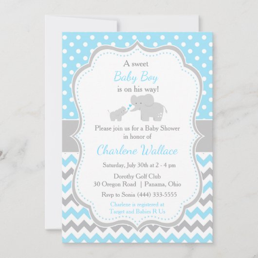 エレファントブルーとグレーの赤ちゃんシャワー 招待状 (正面)