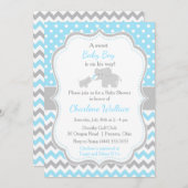 エレファントブルーとグレーの赤ちゃんシャワー 招待状 (正面/裏面)