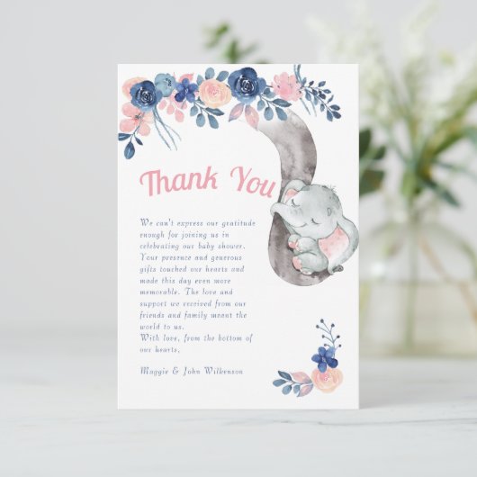 エレファントブルーとピンクの赤ちゃんシャワーありがとう サンキューカード (スタンド正面)