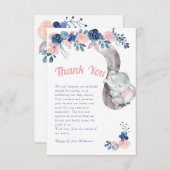 エレファントブルーとピンクの赤ちゃんシャワーありがとう サンキューカード (正面/裏面)