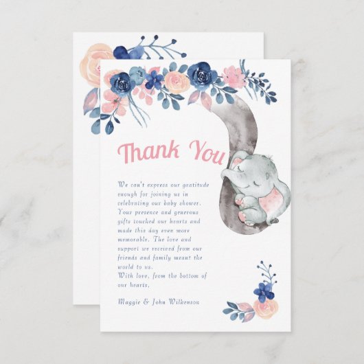 エレファントブルーとピンクの赤ちゃんシャワーありがとう サンキューカード (正面/裏面)