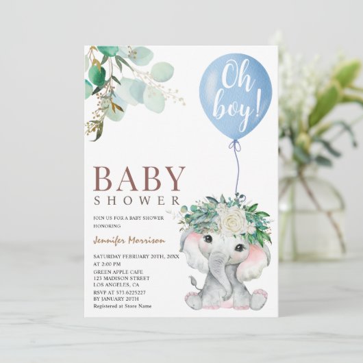 エレファントブルーバルーンウォーター色ベビーシャワー 招待状 (スタンド正面)