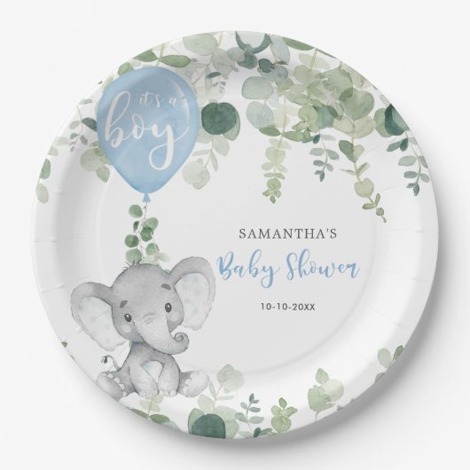 エレファントブルーバルーンボーイ赤ちゃんシャワー緑 ペーパープレート (正面)