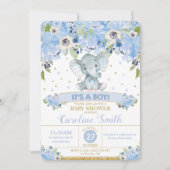 エレファントブルーフローラベビーシャワー男の赤ちゃん 招待状 (正面)