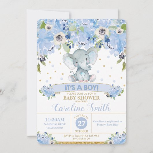 エレファントブルーフローラベビーシャワー男の赤ちゃん 招待状 (正面)