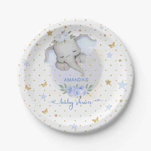 エレファントブルーフローラボホ男の赤ちゃんシャワー ペーパープレート (正面)