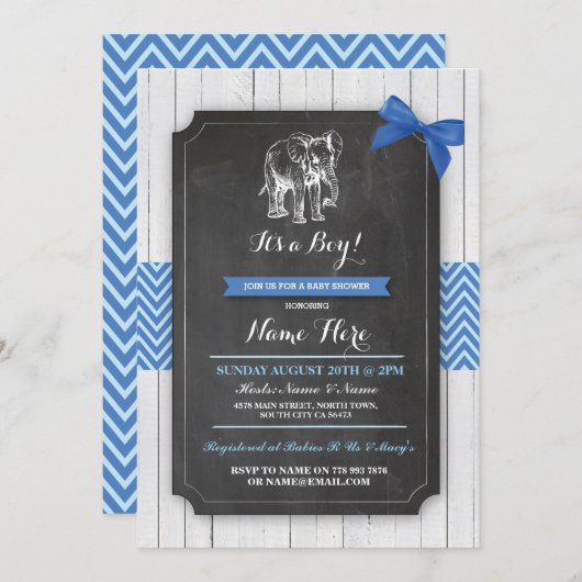 エレファントブルーベイビーシャワーパーティーボーイウッド招待状 招待状 (正面/裏面)