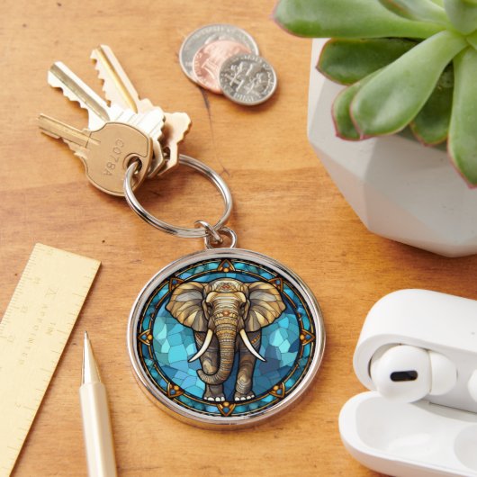 エレファントブルーモザイクステンドグラス キーホルダー (デスク)