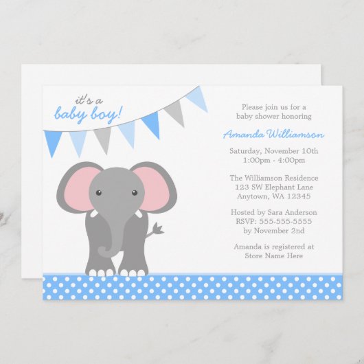 エレファントブルー水玉模様バナーボーイベビーシャワー 招待状 (正面/裏面)