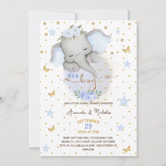 エレファントブルー男の赤ちゃんシャワーカワイト 招待状 (正面)