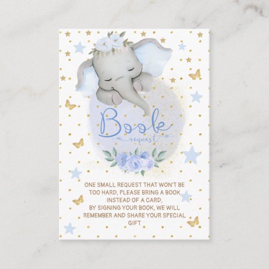 エレファントブルー金ゴールドムーンブックリクエスト赤ちゃんシャワー エンクロージャーカード (正面)