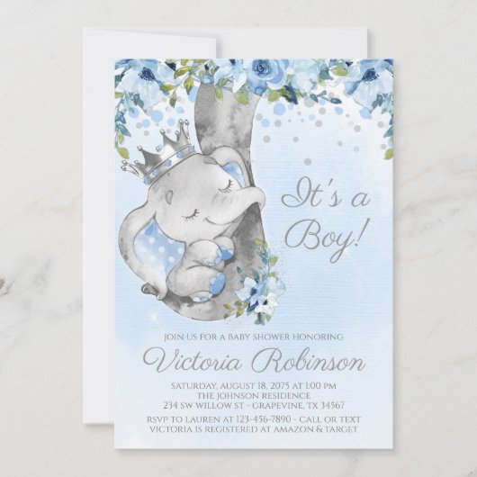 エレファントプリンスボーイ赤ちゃんシャワー招待状 招待状 (正面)