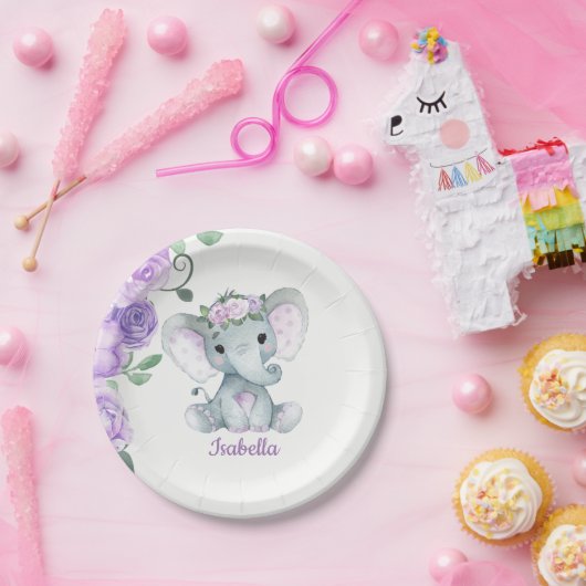 エレファントプレートの赤ちゃんシャワー、誕生日、紫 ペーパープレート (パーティー)