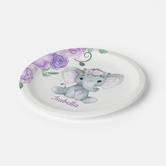 エレファントプレートの赤ちゃんシャワー、誕生日、紫 ペーパープレート (アングル)