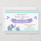 エレファントベイビーシャワー招待状ガールパープルティール(緑がかった色) 招待状 (正面)