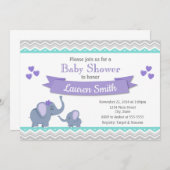 エレファントベイビーシャワー招待状ガールパープルティール(緑がかった色) 招待状 (正面/裏面)