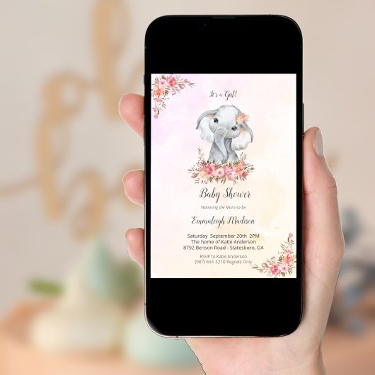 エレファントベイビーシャワー ボヘミアンチック コーラル ウォーターカラー 招待状