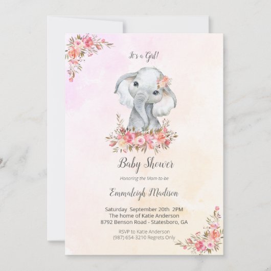 エレファントベイビーシャワー ボヘミアンチック コーラル ウォーターカラー 招待状 (正面)