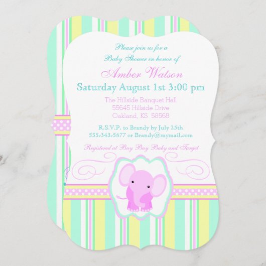 エレファントベストライプのビーガールシャワー招待状 招待状 (正面/裏面)
