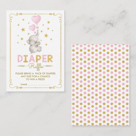 エレファントベビーガールおむつラッフルピンク金ゴールド星 エンクロージャーカード (正面/裏面)