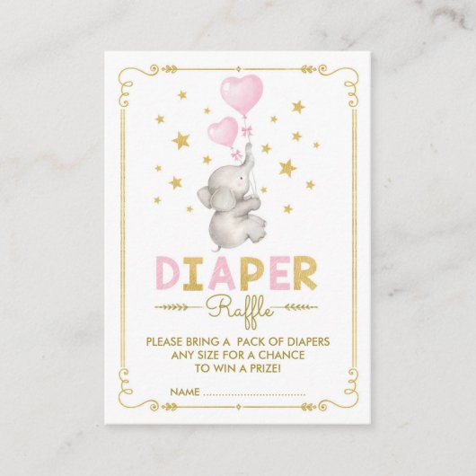 エレファントベビーガールおむつラッフルピンク金ゴールド星 エンクロージャーカード (正面)