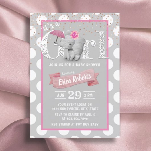 エレファントベビーガールかわいい水玉模様グレーベビーシャワー 招待状