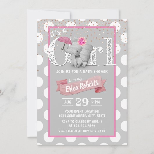 エレファントベビーガールかわいい水玉模様グレーベビーシャワー 招待状 (正面)