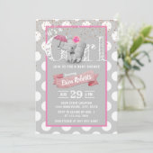 エレファントベビーガールかわいい水玉模様グレーベビーシャワー 招待状 (スタンド正面)