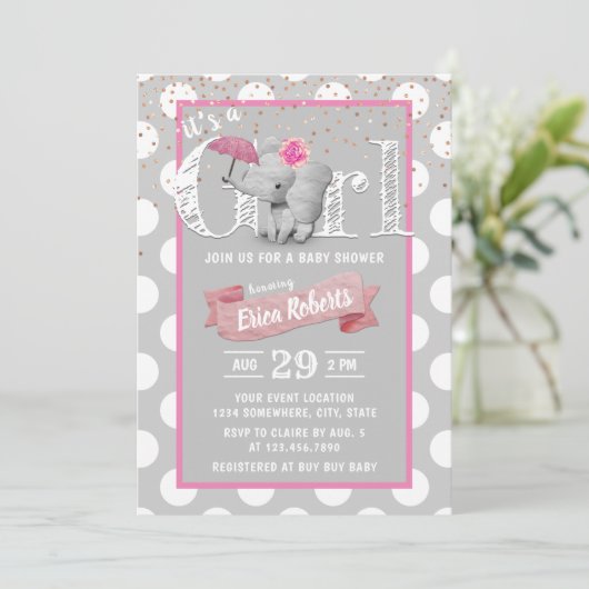 エレファントベビーガールかわいい水玉模様グレーベビーシャワー 招待状 (スタンド正面)