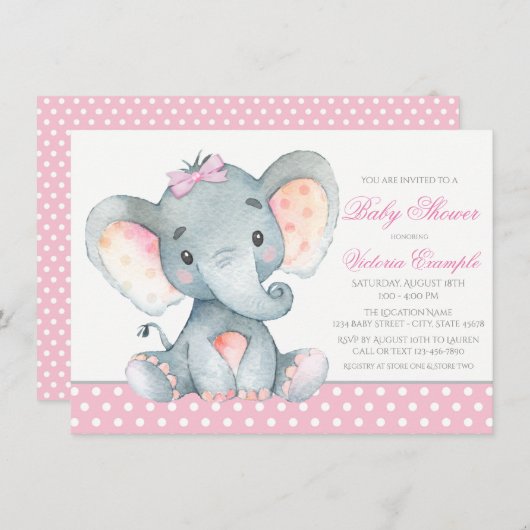 エレファントベビーガールシャワー招待状 招待状 (正面/裏面)
