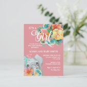 エレファントベビーガールベビーシャワーピンクイエローティール（緑がかった色） ポストカード (スタンド正面)