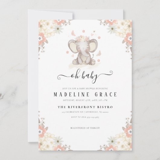 エレファントベビーガールベビーシャワー招待状 招待状 (正面)